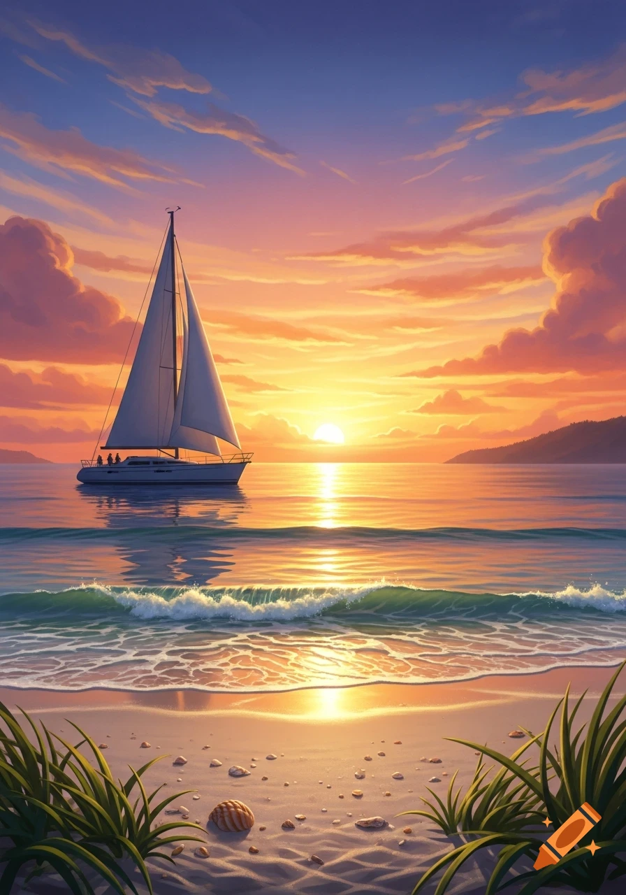A sailboat glides on tranquil water at sunset, with a vibrant sky, waves lapping a sandy beach with seashells and grass.