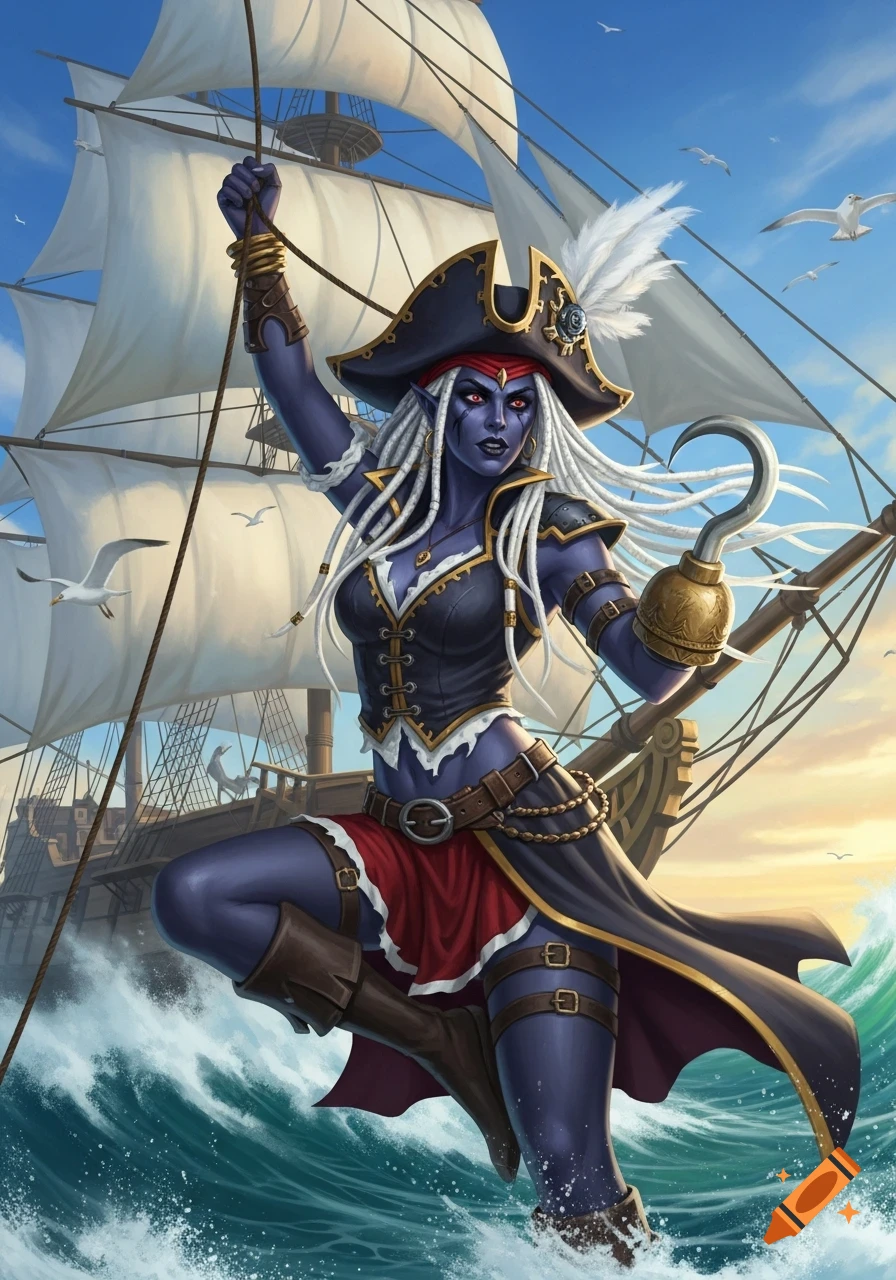 A blue-skinned drow pirate woman with white dreads, a hook hand, and a captain's hat, clinging to ship rigging amidst choppy seas under a clear sky.