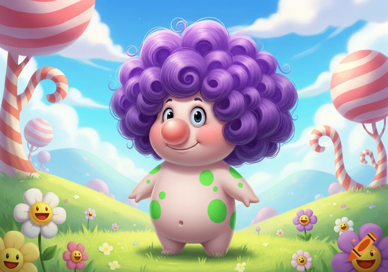 A cute, round cartoon creature with a big pink nose, purple curly hair, and green spots stands in a whimsical candy land with smiling flowers and lollipop trees under a blue sky.