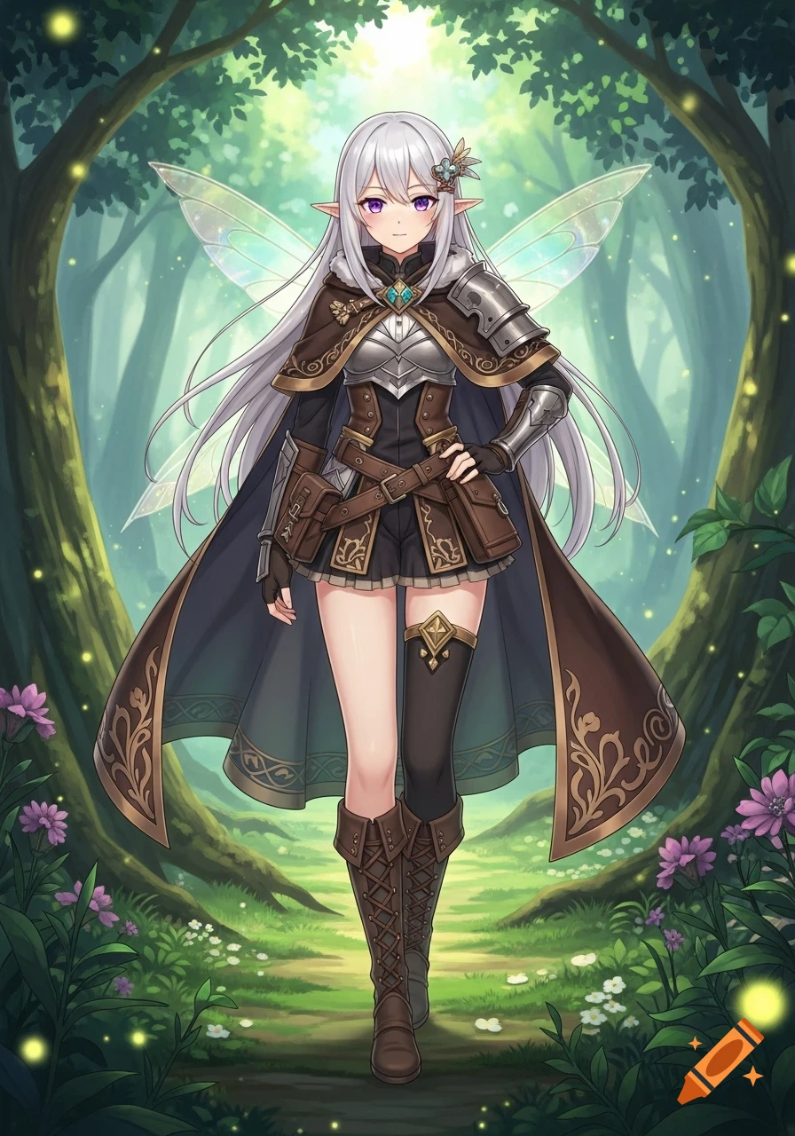 Anime warrior fae girl with white hair, purple eyes, armor, and fairy wings stands in a magical forest.