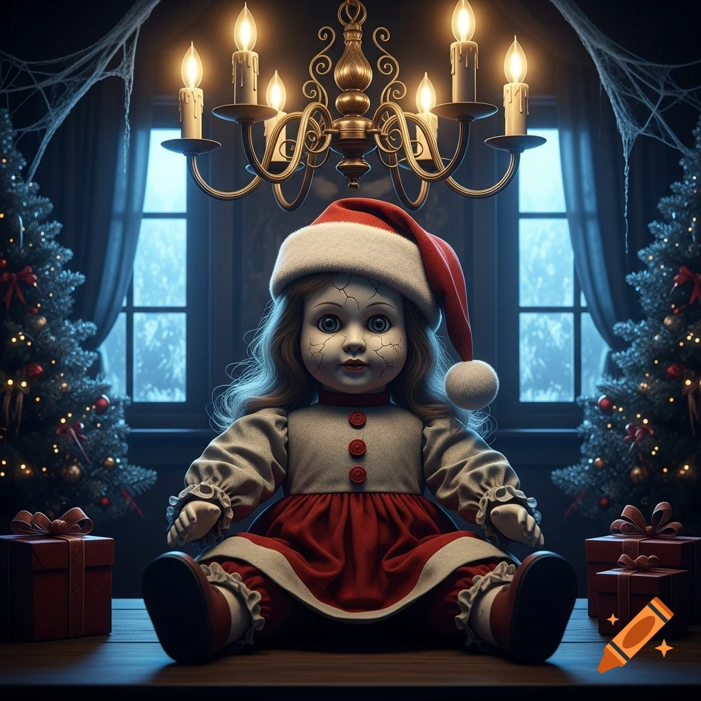 A creepy, cracked doll in a Santa hat and a red dress sits on a table in a gothic room with Christmas trees, gifts, and a chandelier.