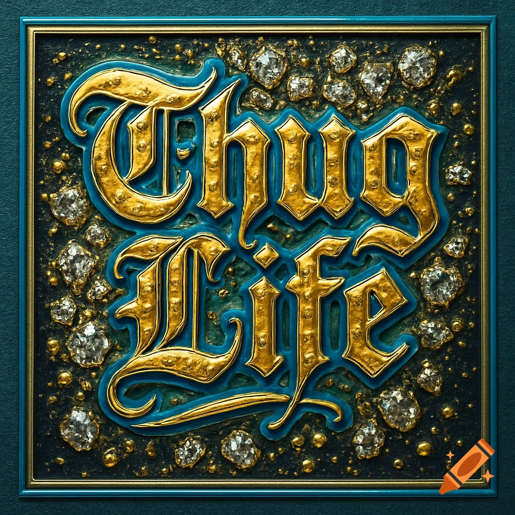 Stylized gold 'Thug Life' text with an electric blue outline, surrounded by scattered diamonds on a dark textured background.