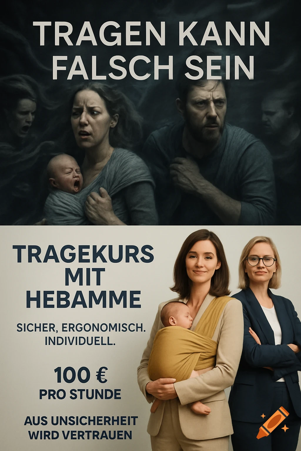 A two-part advertisement for a babywearing course. Top half shows distressed parents and a crying baby in a dark, chaotic scene. Bottom half shows two calm, professional women, one holding a sleeping baby in a carrier, in a bright, serene setting. German text promotes the course.