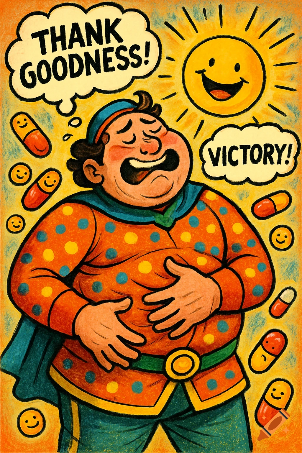 A cartoon man in polka dot clothes holding his stomach, exclaiming 'Thank Goodness!' and 'Victory!' with smiling pills and a sun. Stylized drawing.