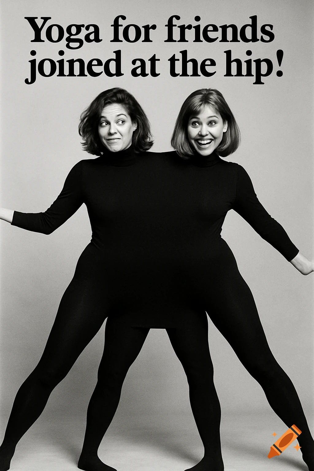 Two smiling women in a conjoined black leotard do a yoga pose. Text reads 'Yoga for friends joined at the hip!'