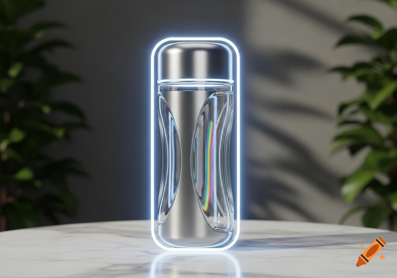 A sleek, modern water bottle with a metallic top and a clear body outlined by a bright neon light, standing on a marble surface.