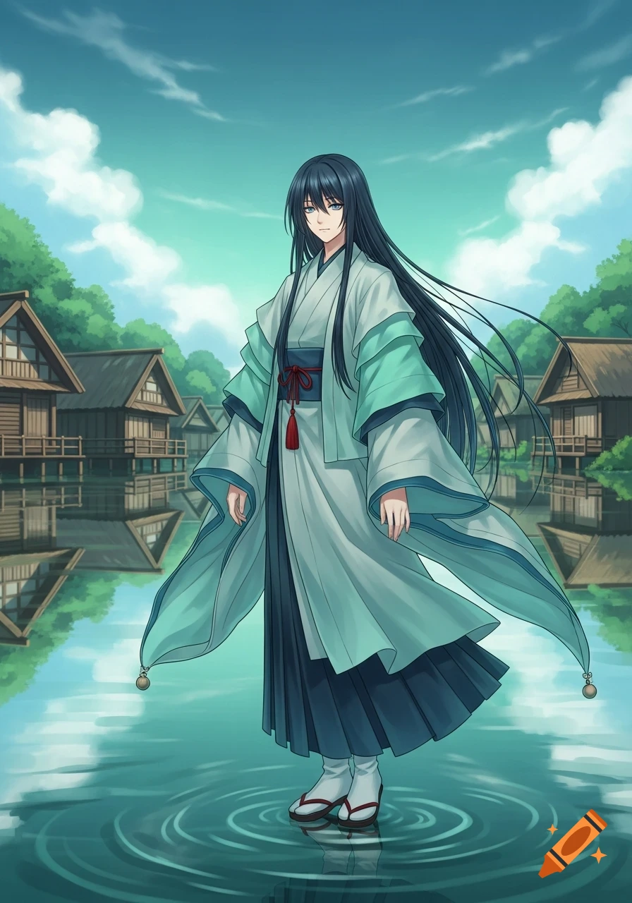 Anime-style character with long dark hair and blue eyes, wearing light aqua Japanese clothing, standing in water in a village.