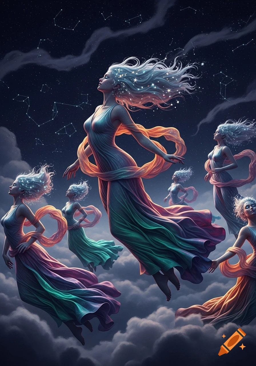 Ethereal women with star-dusted hair and iridescent dresses float among dark clouds and constellations in a cosmic night sky.