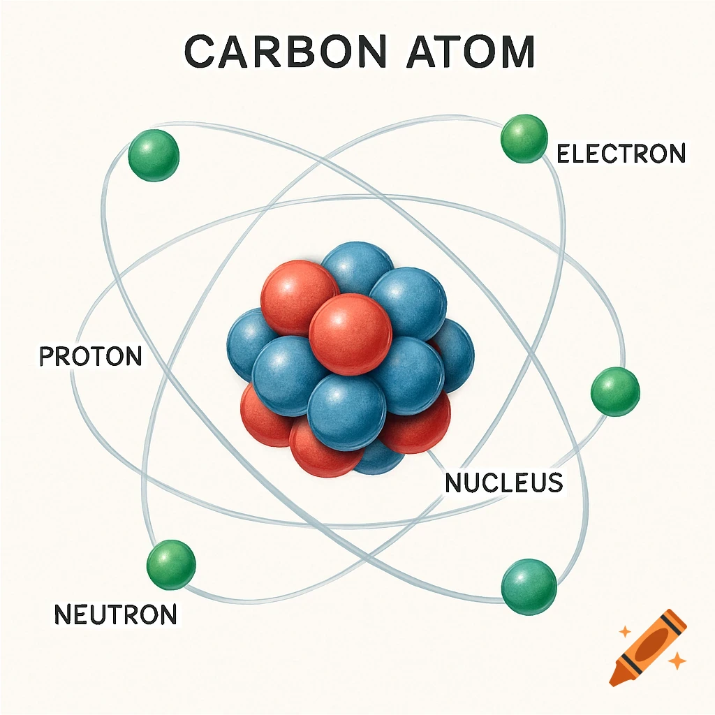 Labeled digital illustration of a carbon atom with its nucleus (red protons, blue neutrons) and six green orbiting electrons.