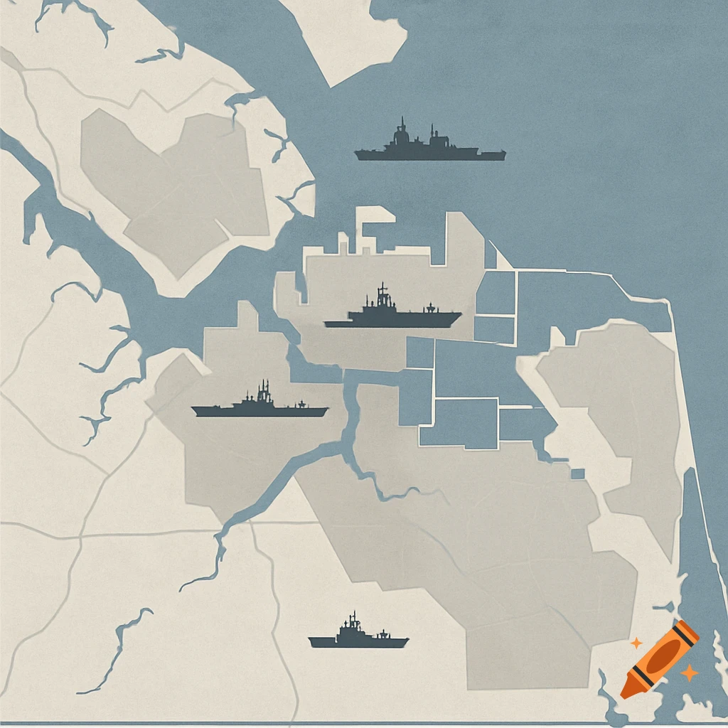 Illustrated map in blue and gray showing a coastline, land, and four naval ship silhouettes.