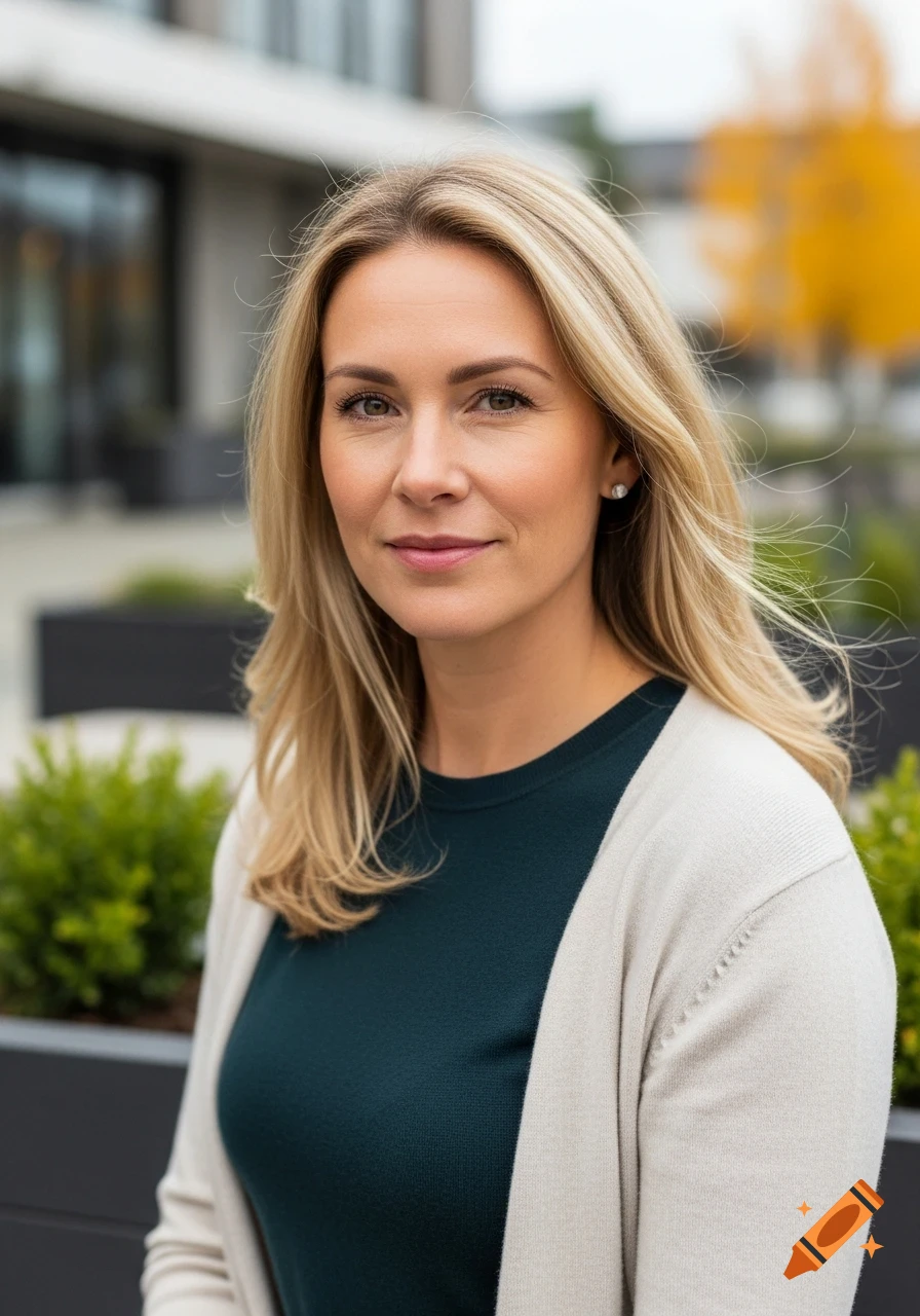 Photorealistic portrait of a confident blonde woman in a dark green top and beige cardigan, smiling subtly outdoors.