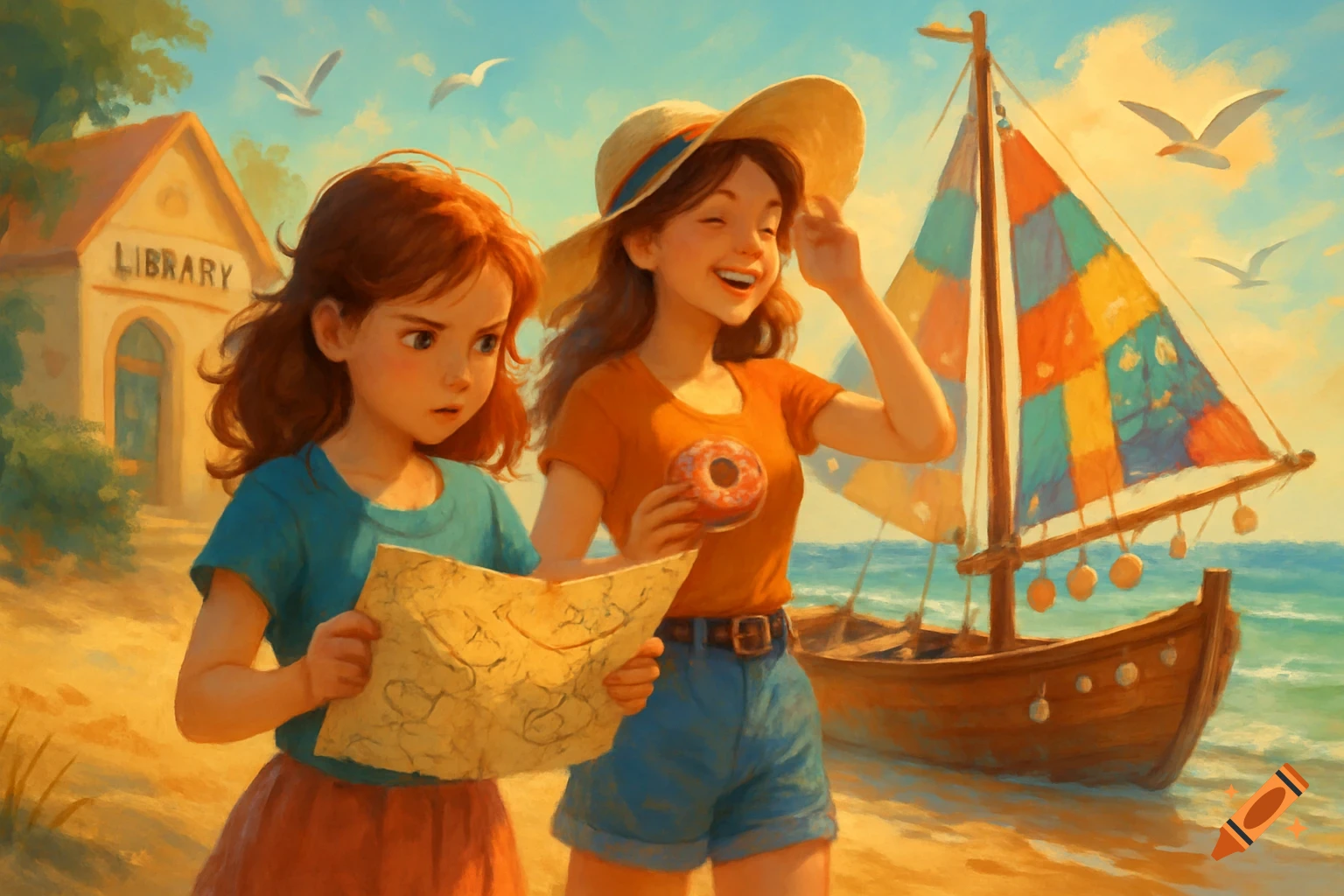 Two animated girls on a sunny beach, one reading a map, the other smiling and holding a donut, with a sailboat and library in the background in an oil painting style.