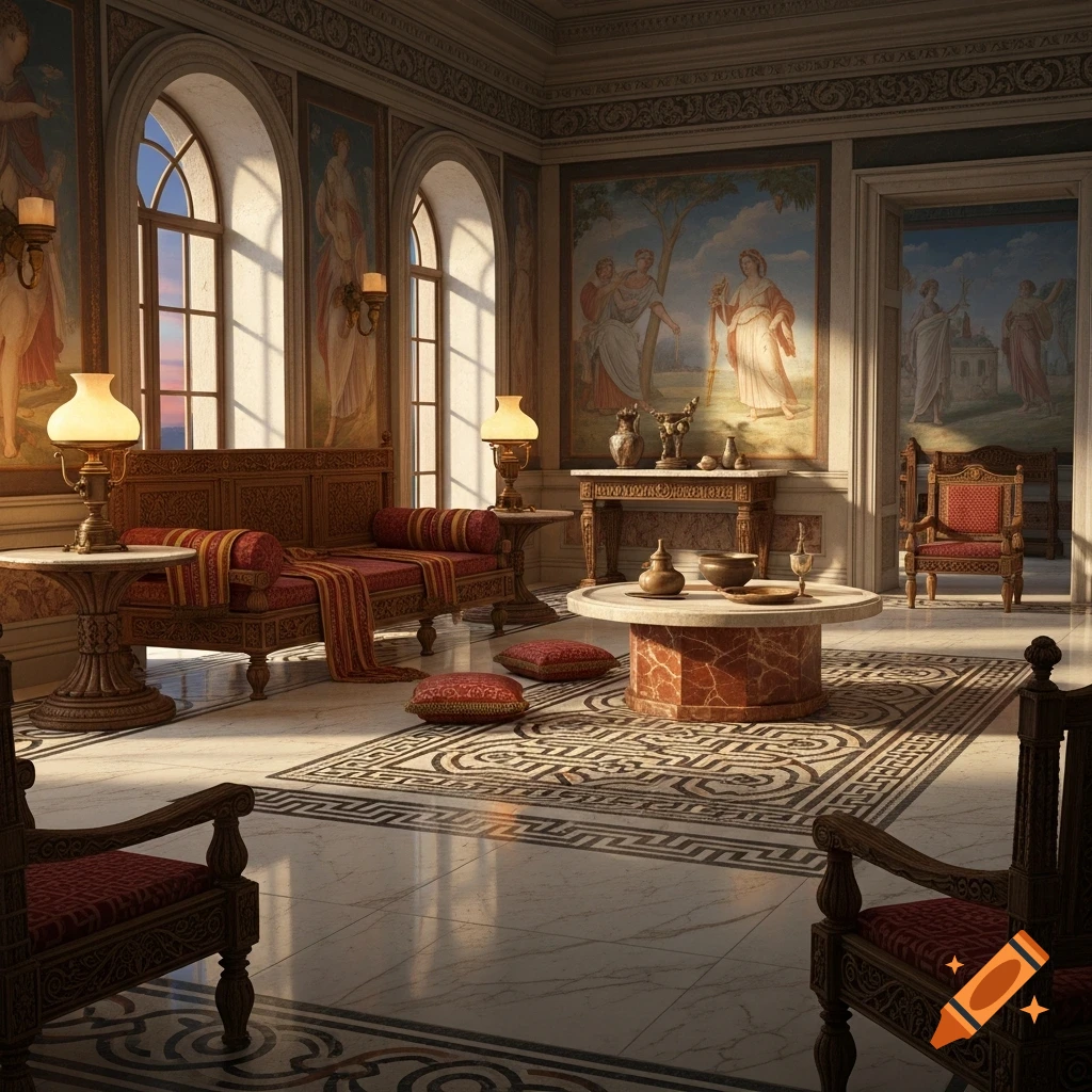 A detailed view of a luxurious ancient Roman room with ornate wooden furniture, wall paintings, and marble floors. Sunlight streams through arched windows.