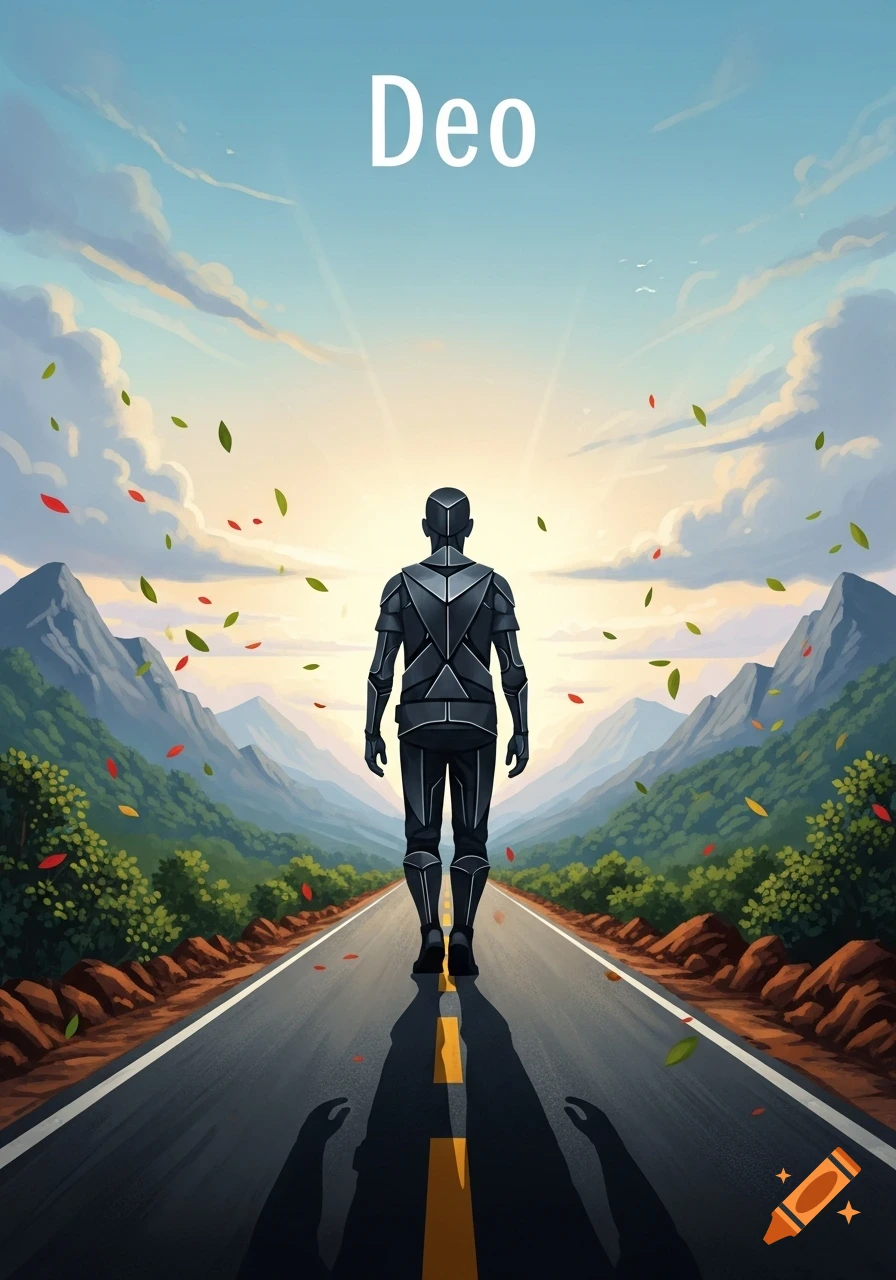 A stylized figure in a black, segmented suit stands on a long road, looking toward a bright horizon over mountains with falling leaves. The word "Deo" is at the top.