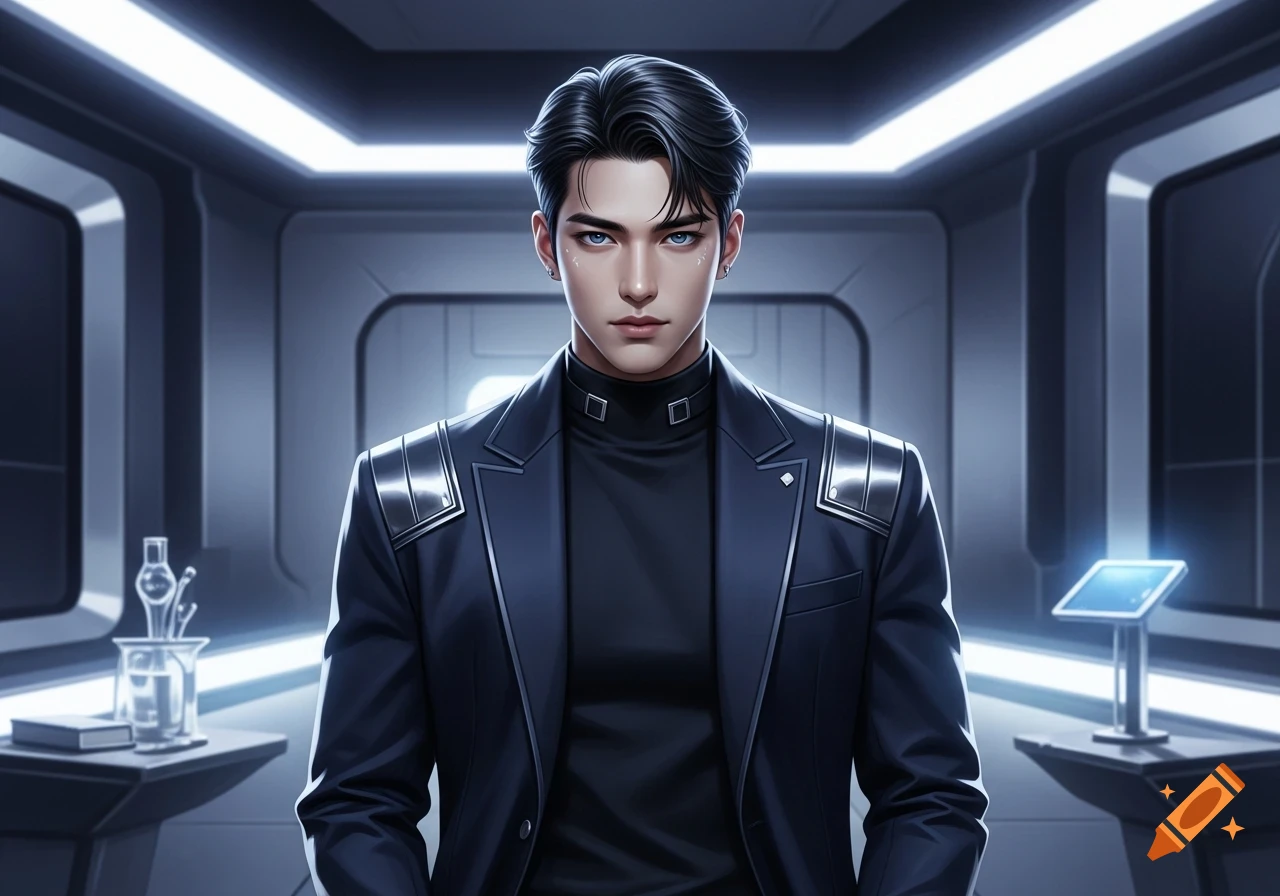 A handsome man with dark hair and blue eyes, wearing a black futuristic suit, stands in a brightly lit sci-fi room.