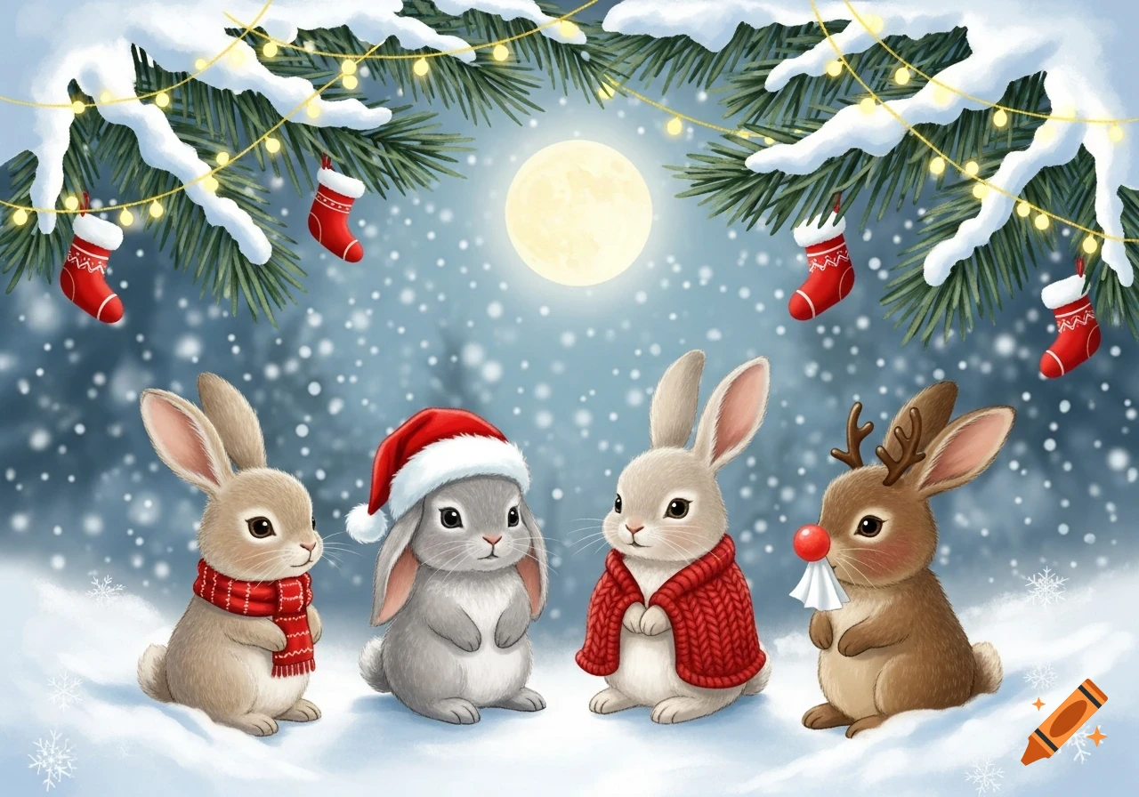 Four illustrated bunnies in a snowy Christmas scene under a full moon. One wears a scarf, one a Santa hat, one a sweater, and one has antlers and a red nose.