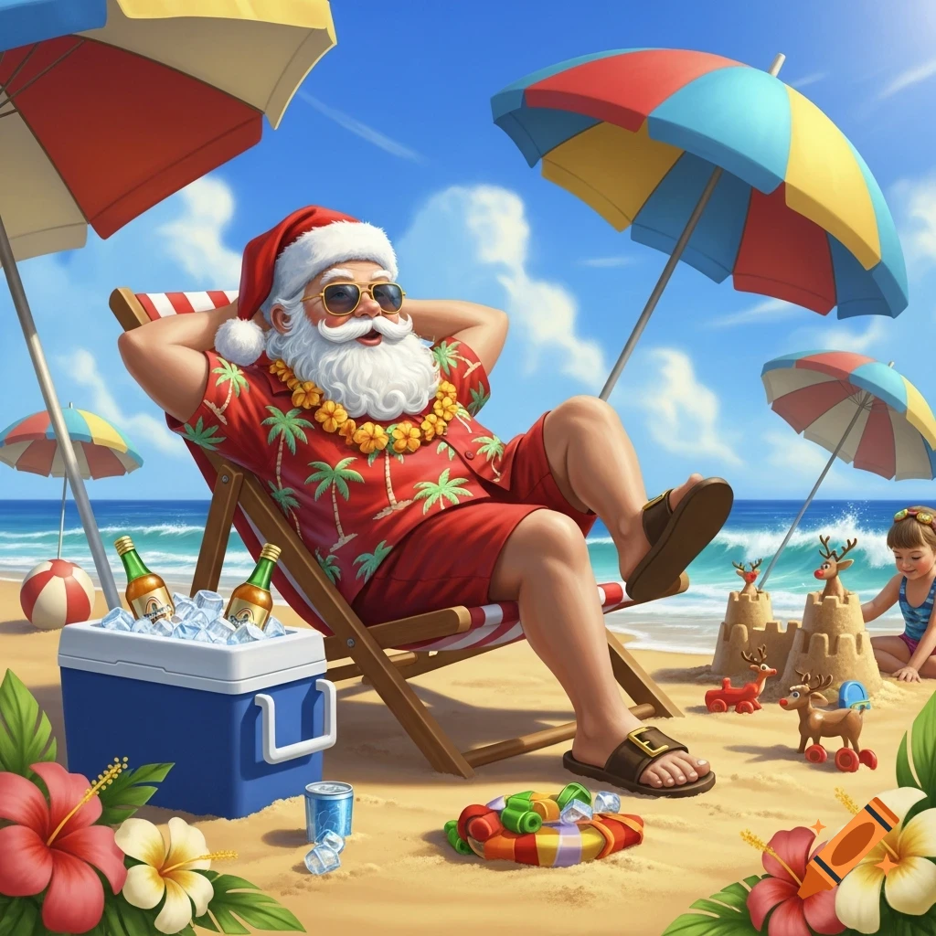 Santa Claus relaxing in a Hawaiian shirt and sunglasses on a sunny beach, with beach umbrellas, a cooler, and a child playing in the sand.