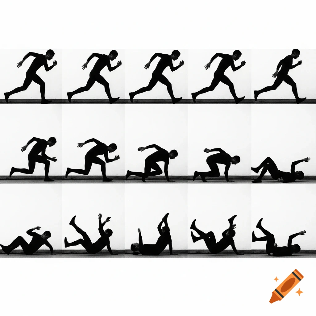 A black and white chronophotography sequence shows a person in silhouette running, then gradually falling to the ground.