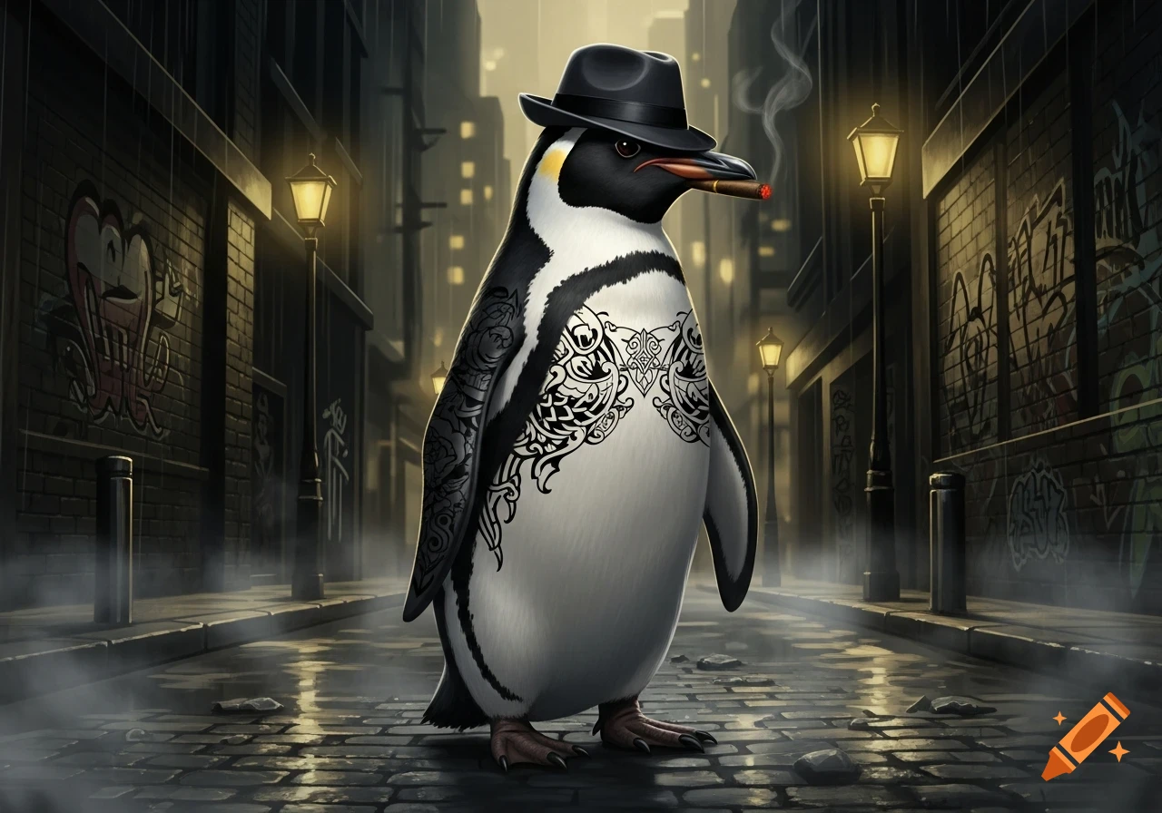 A gangster penguin in a fedora and elaborate tattoos smokes a cigar in a rainy, misty alleyway at night.
