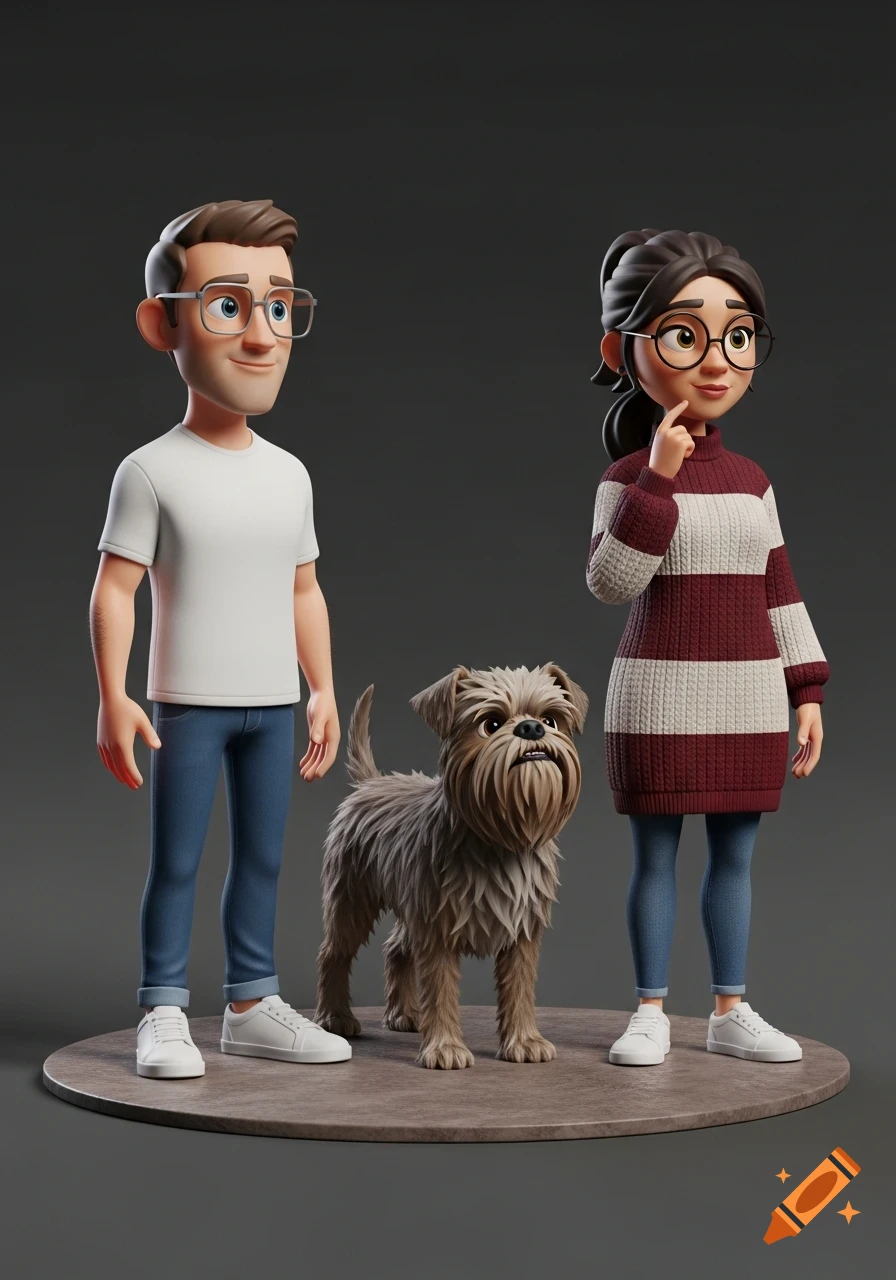 3D cartoon render of a man, woman, and shaggy dog standing on a circular base, on a dark background.
