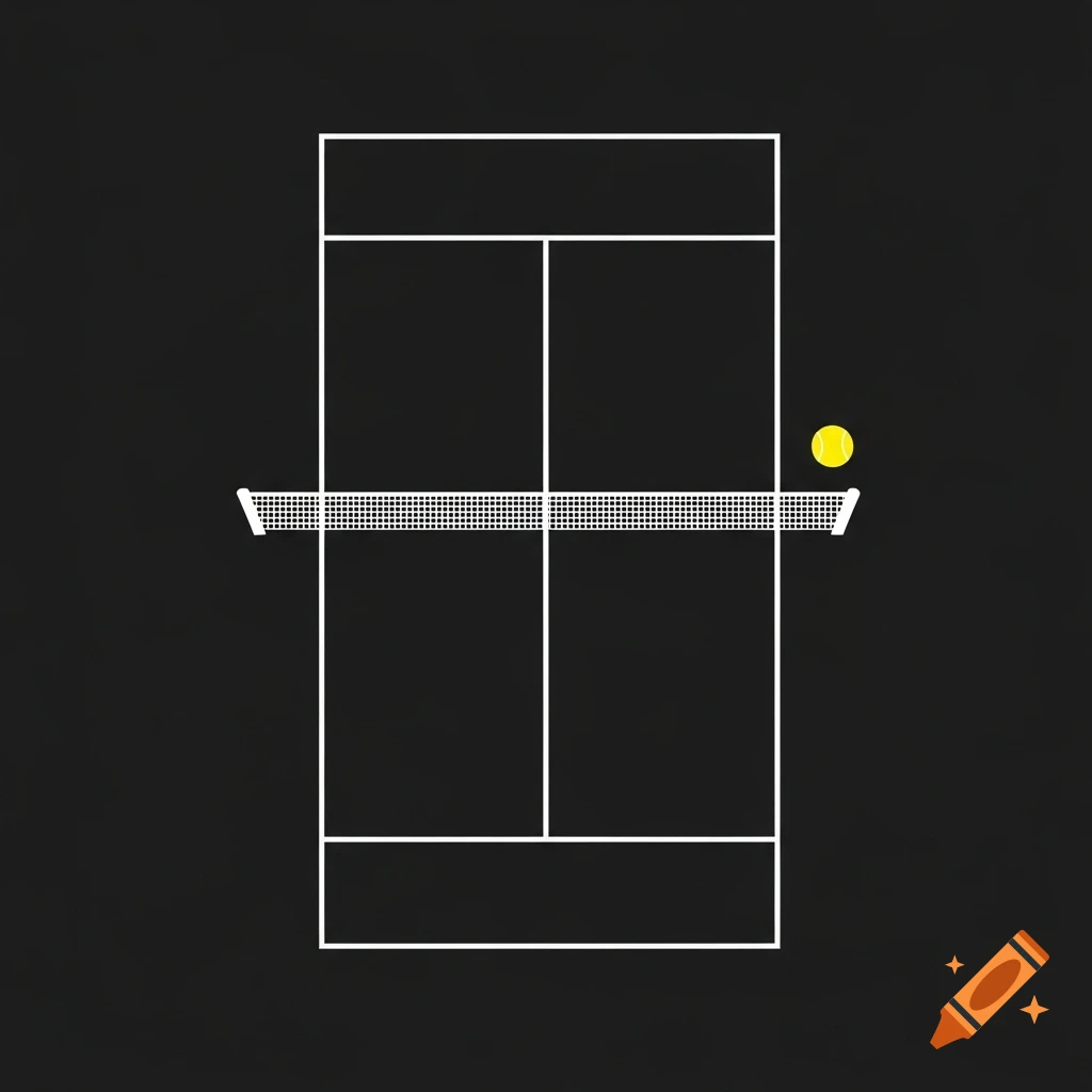 Minimalist vector illustration of a padel court with white lines on a black background, a net, and a yellow ball.