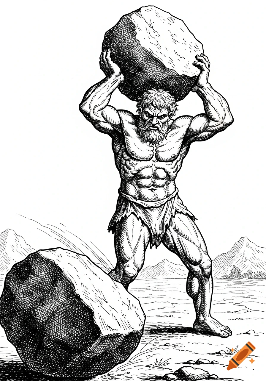 Muscular, bearded man in a loincloth holds a large rock above his head, another rock below, in a dramatic black and white ink drawing.