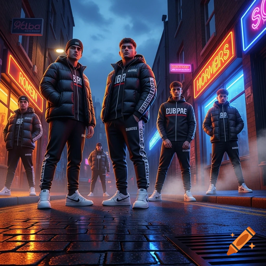 Five young men in black puffer jackets and tracksuits with white sneakers stand in a wet city street at night, illuminated by neon signs.