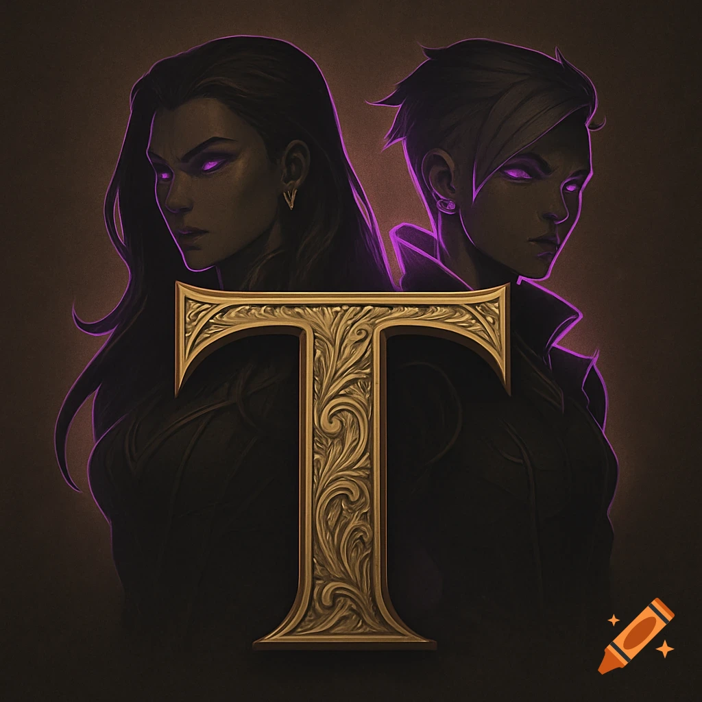 Stylized illustration of two dark-haired women with glowing purple eyes behind a decorative golden letter T.