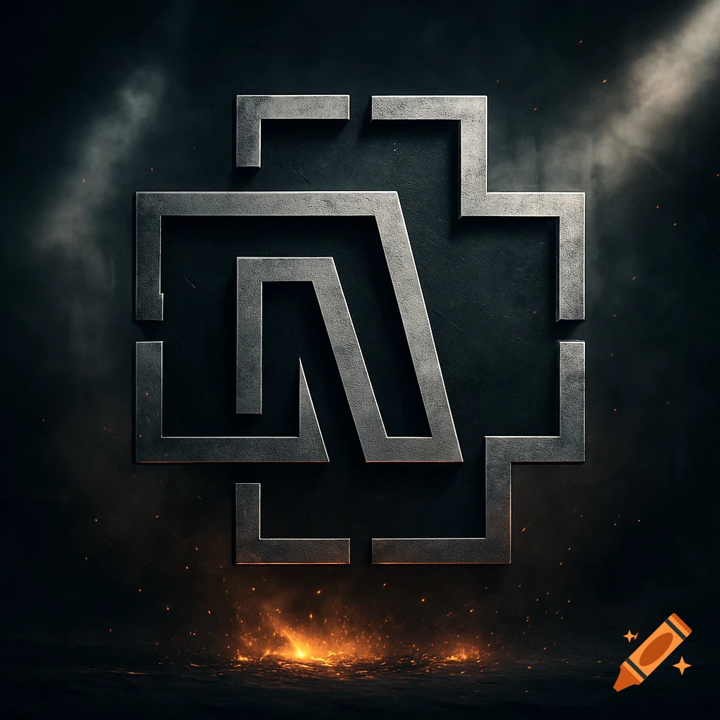 The stylized Rammstein band logo, metallic and industrial, set against a dark, smoky background with embers glowing at the bottom.