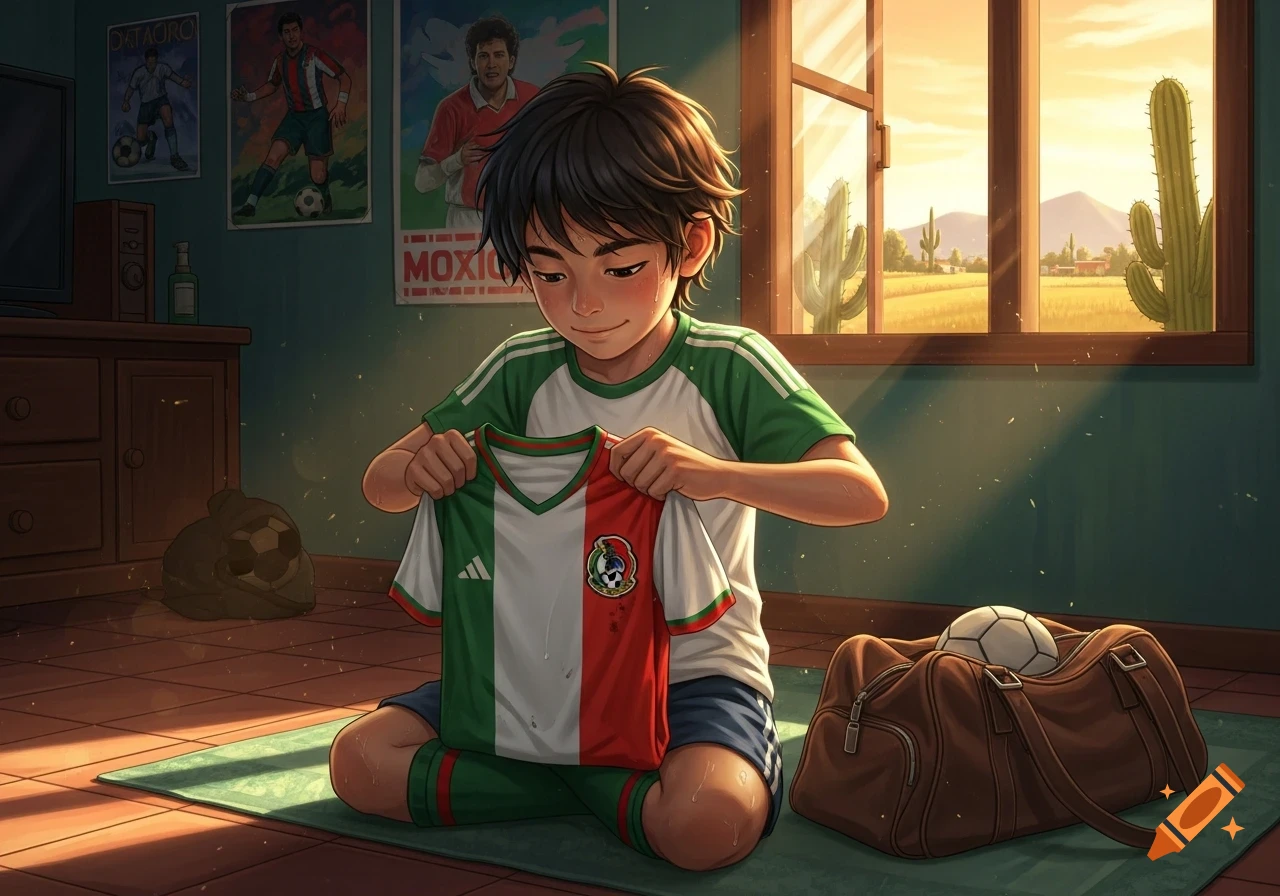 A smiling animated boy kneels, folding a green, white, and red Mexican soccer jersey in a sunlit room with posters and a desert view.