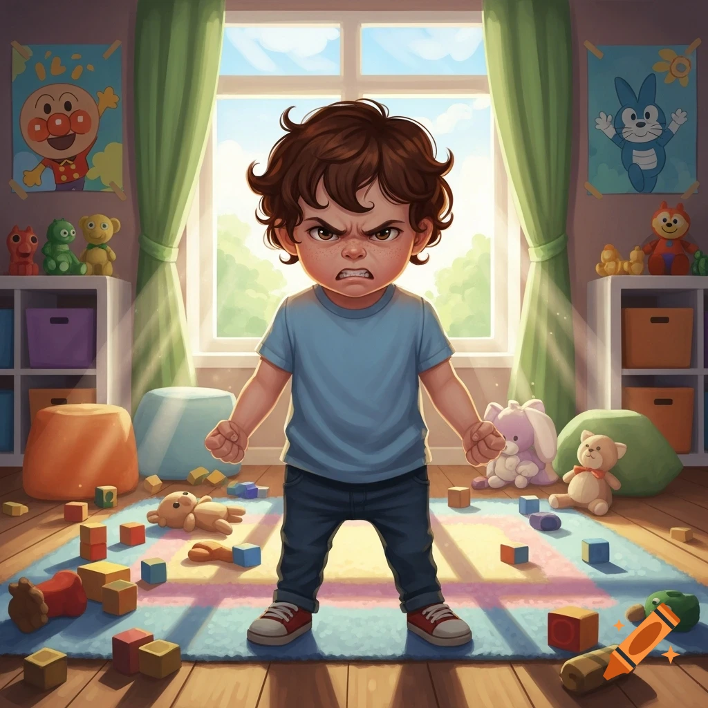 An angry cartoon child stands in a colorful playroom with toys scattered around.