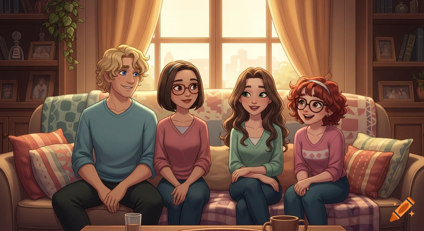 Four cartoon friends with distinct looks sit on a cozy couch in a living room with a bright window.