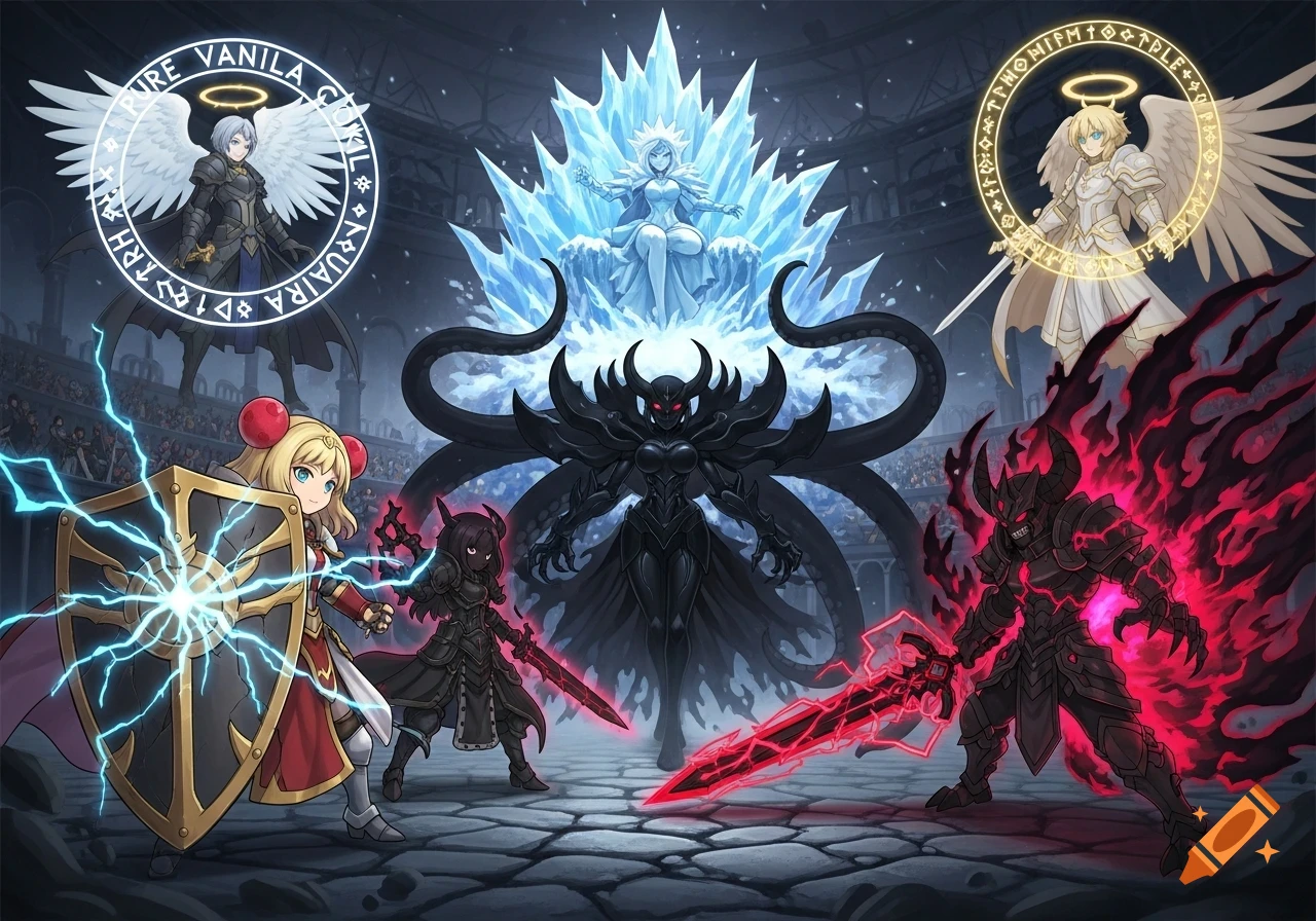 An anime-style fantasy battle features multiple characters: a small warrior with a glowing shield, dark figures with swords, a large dark demon with tentacles, an ice queen on a frozen throne, and two winged angels in halos, all in an arena.