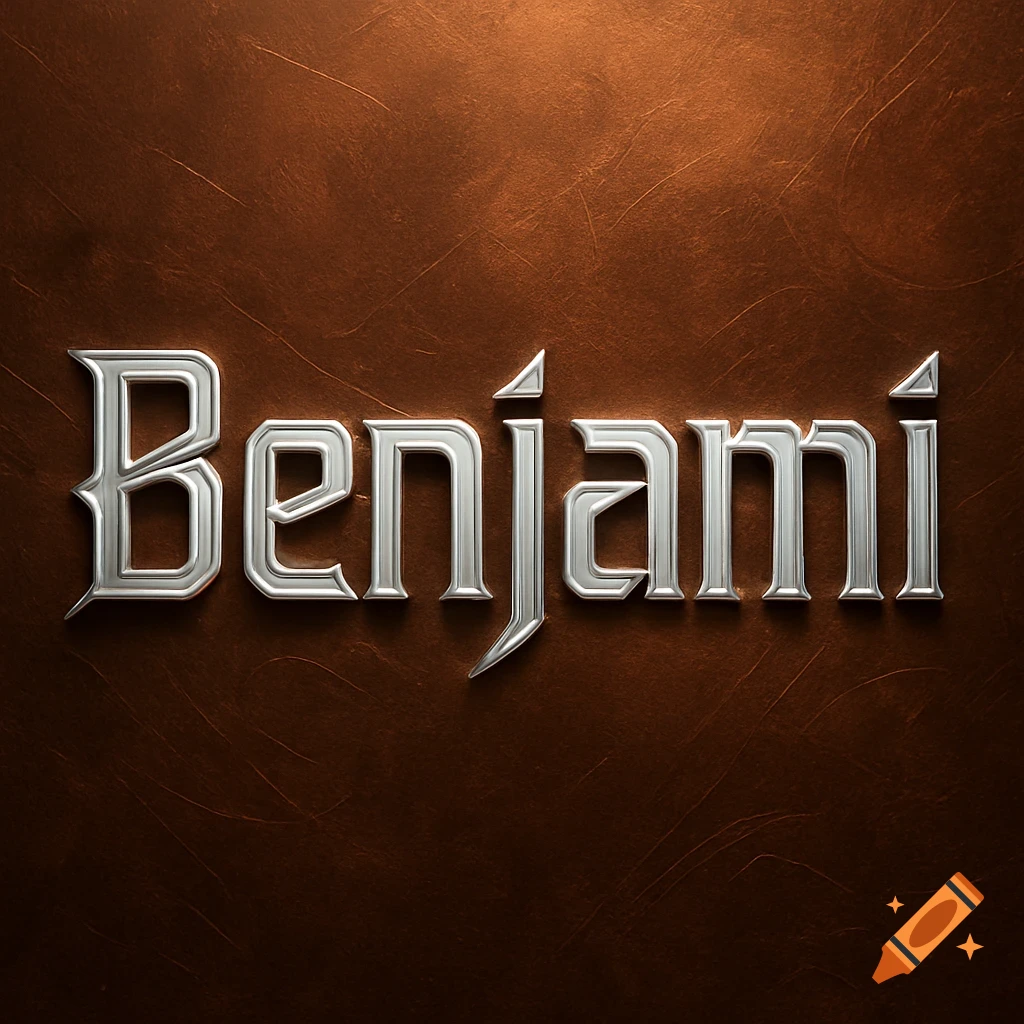 The word Benjami in shiny silver metallic 3D letters on a textured copper background.