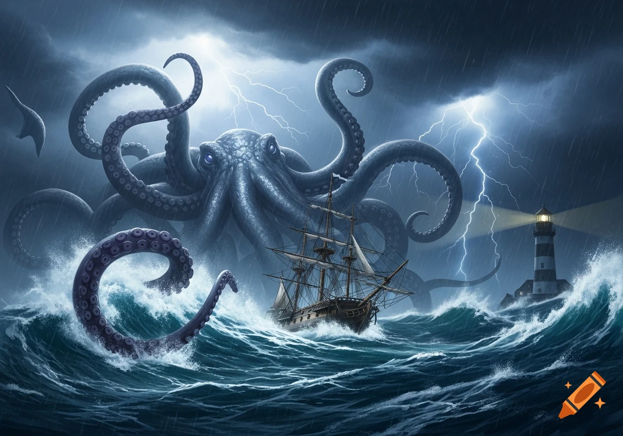 A colossal Kraken attacks a sailing ship amidst a fierce lightning storm, with a lighthouse nearby on a rocky shore.