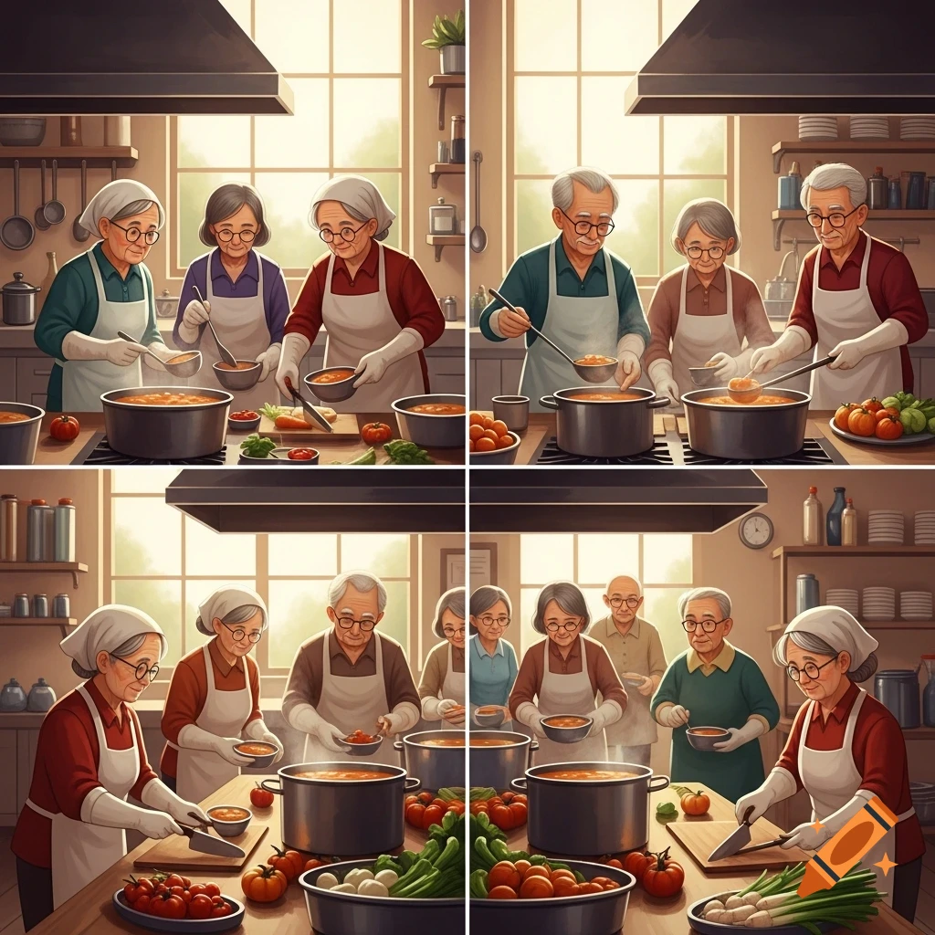 An illustrated 2x2 grid showing diverse older people cooking and preparing food in a warm, busy kitchen.