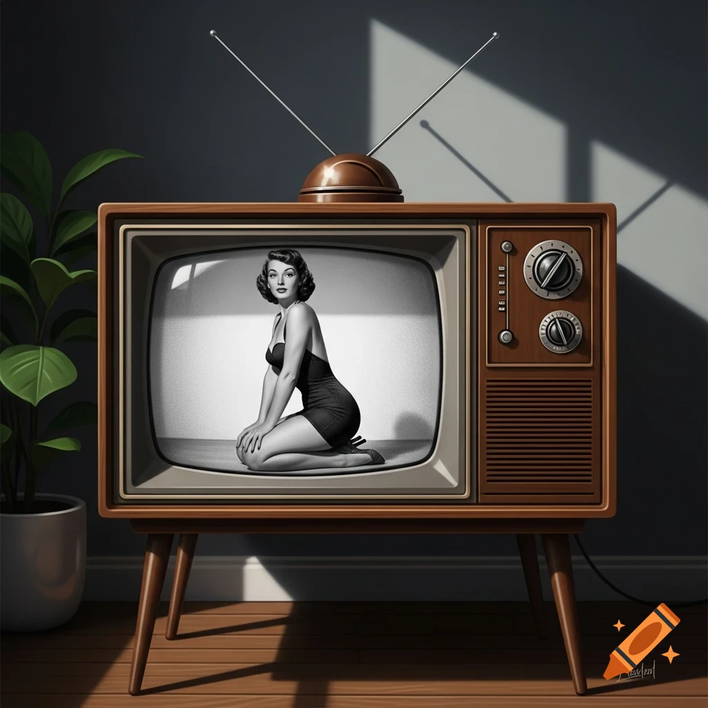 A vintage 1950s wooden TV displays a black-and-white image of a pin-up woman in a modest swimsuit, kneeling.