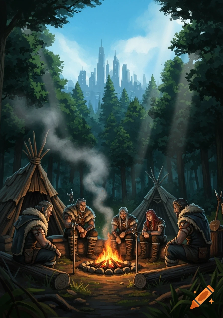 Five figures in furs sit by a campfire and primitive tents in a forest, with a futuristic city skyline in the distance, in an illustration.