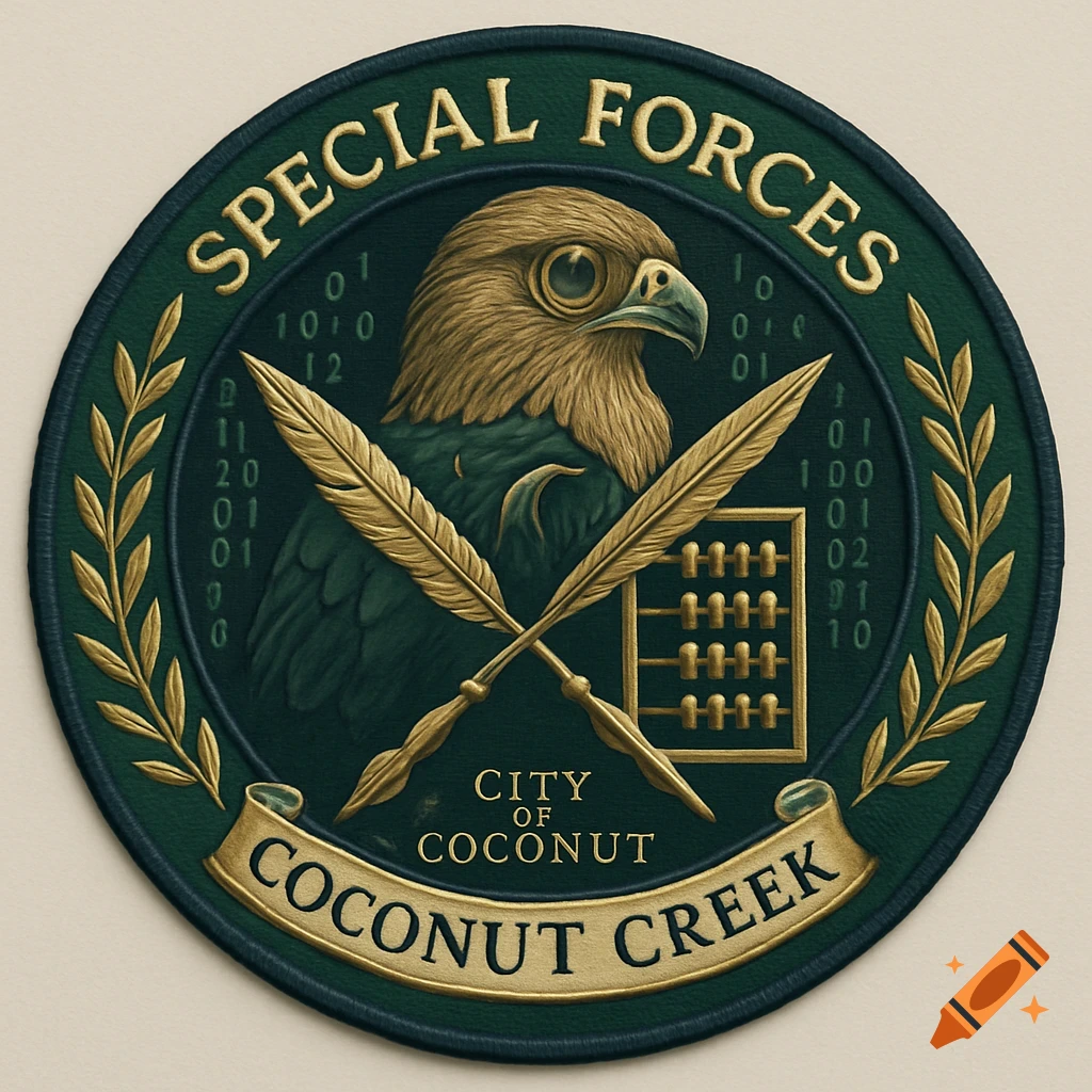 A round, dark green and gold embroidered patch for 'Special Forces City of Coconut Creek', featuring a hawk, crossed quills, and an abacus.