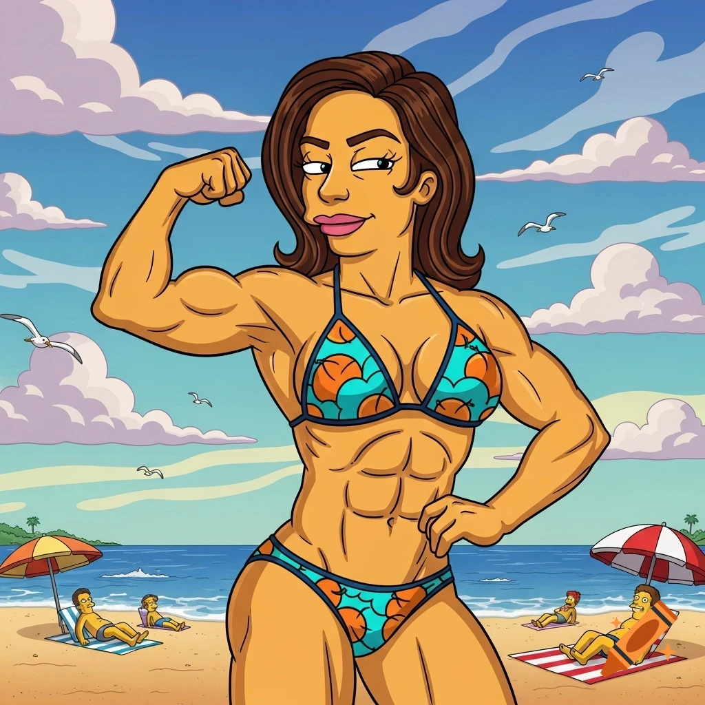 Muscular woman in The Simpsons cartoon style flexing in a bikini on a sunny beach with sunbathers.