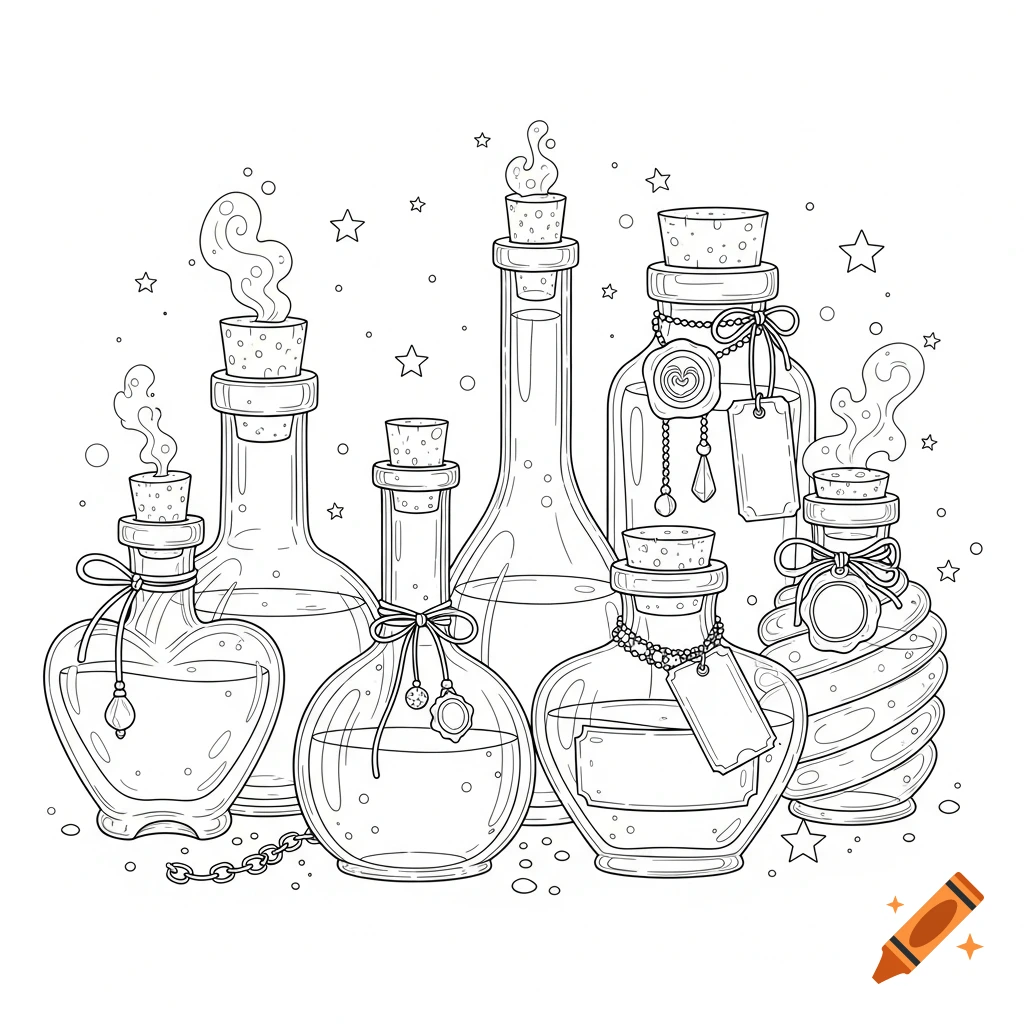 Black and white line art of assorted fantasy potion bottles with corks, seals, and blank labels, suitable for a coloring book.