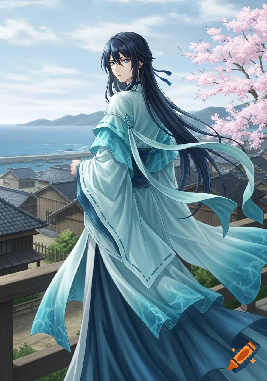 Anime character with long dark hair and blue eyes in flowing aqua and white traditional Japanese clothing, overlooking a coastal village with cherry blossoms.