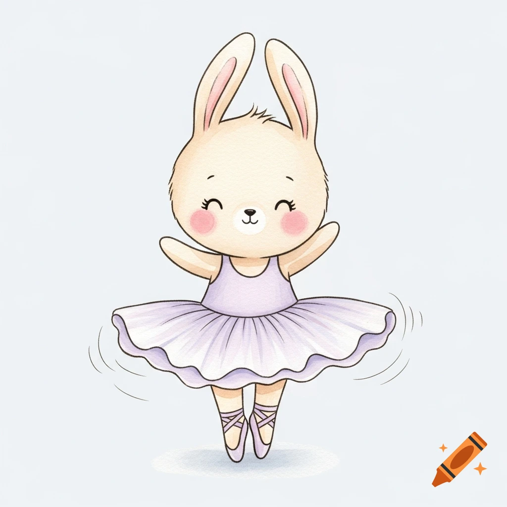 A cute cartoon bunny ballerina with rosy cheeks smiles, wearing a light lilac tutu and ballet slippers, dancing on a light background in a watercolor style.