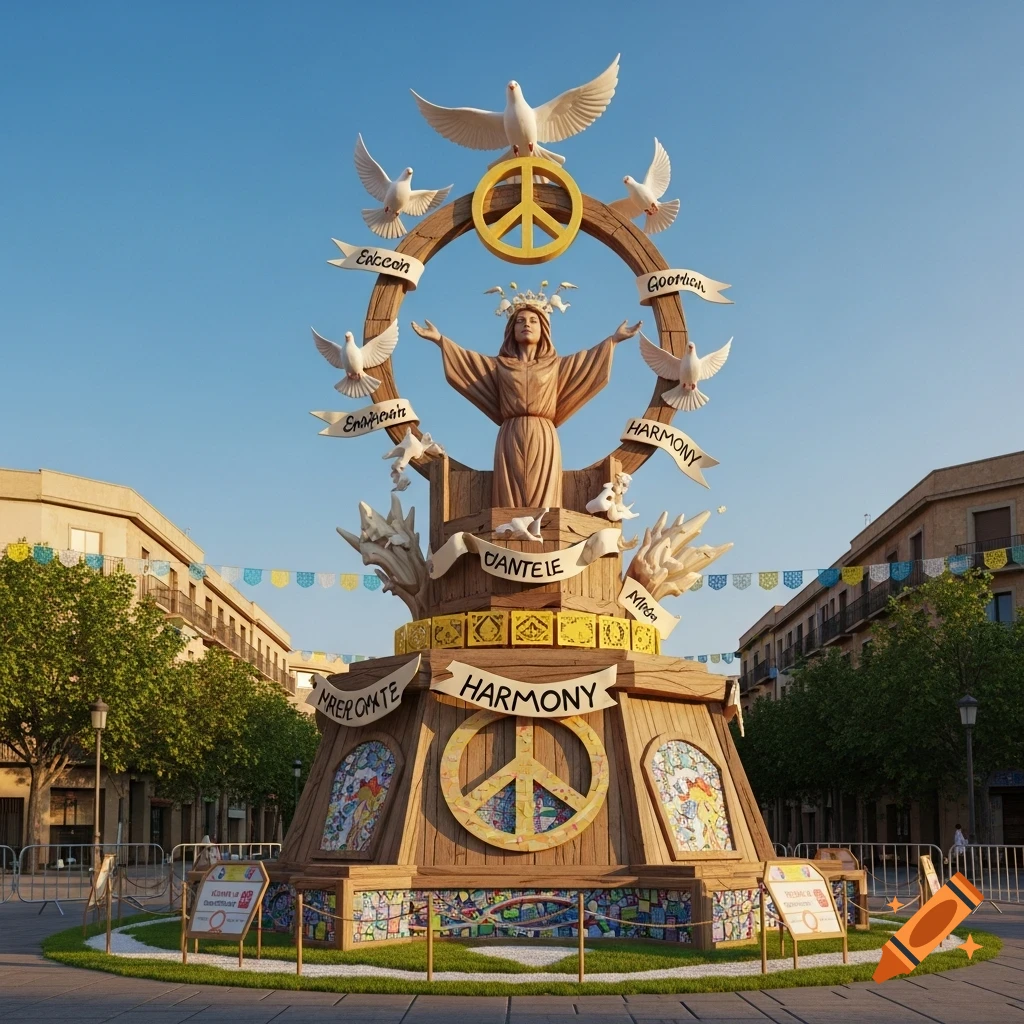 A large, elaborate wooden monument of peace and community stands in a sunny town square. It features a central figure with outstretched arms, surrounded by doves, peace signs, and banners with some legible text like "HARMONY" and other garbled words.