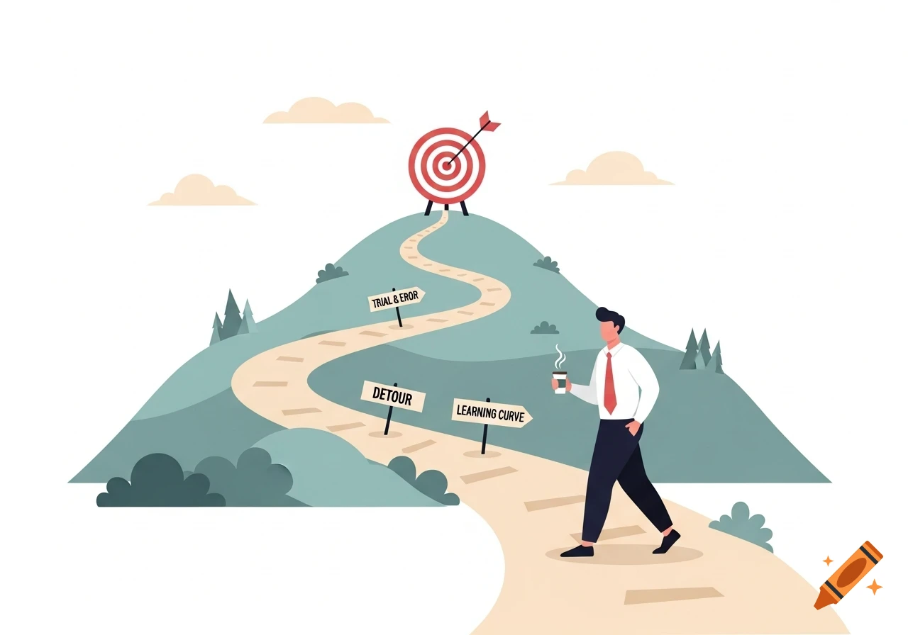 An illustration of a man walking up a winding path on a hill towards a target, with signs along the way saying 'TRIAL & EROR', 'DETOUR', and 'LEARNING CURVE'.