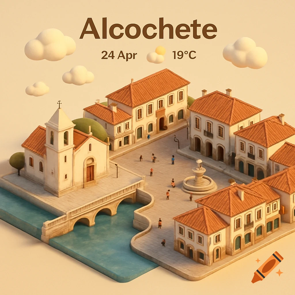 A 3D isometric cartoon of Alcochete, Portugal, with a church, buildings, a river, and a fountain, showing the date 24 Apr and 19 C.