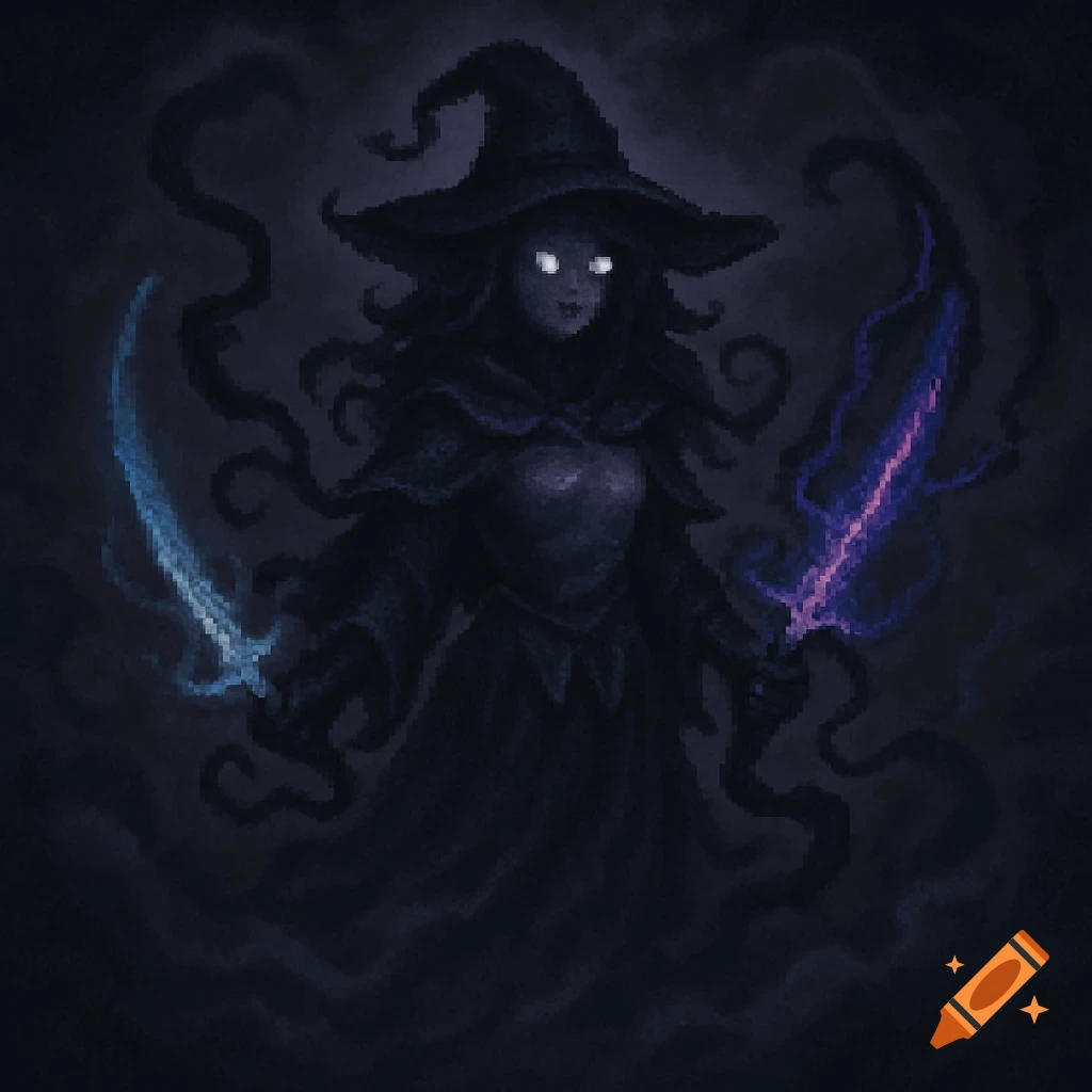 Pixel art of a dark witch with glowing white eyes, wearing a pointy hat and robes, holding a blue and a purple glowing sword amidst shadowy tendrils.