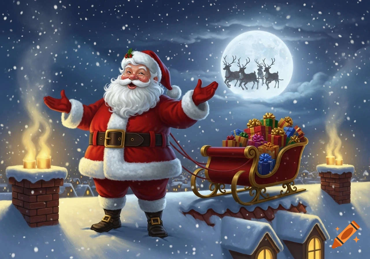 Jolly Santa Claus on a snowy rooftop with a present-filled sleigh under a full moon with flying reindeer, festive illustration.