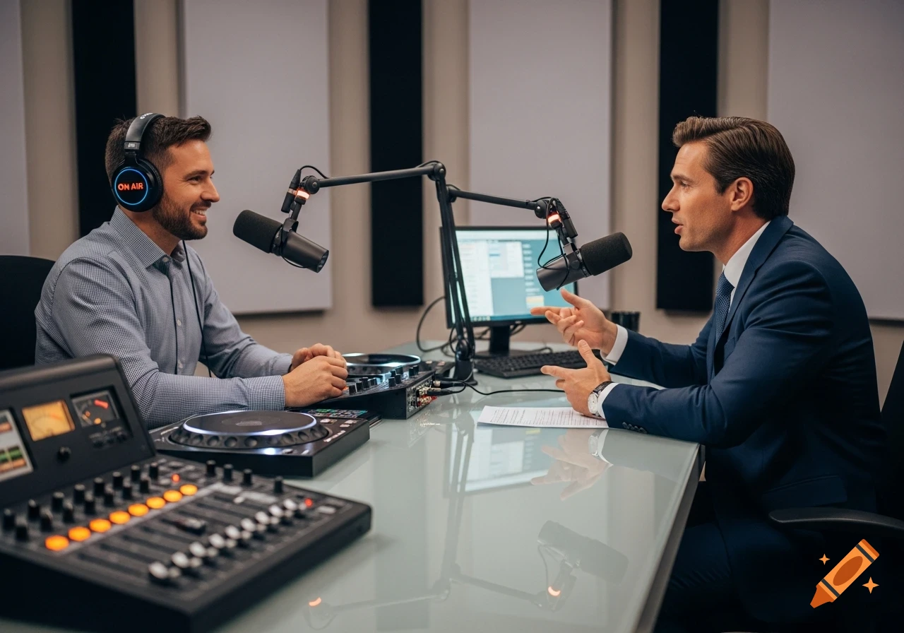 Two men in a modern radio studio, one smiling with 'ON AIR' headphones, the other in a suit speaking into a microphone. Photorealistic.