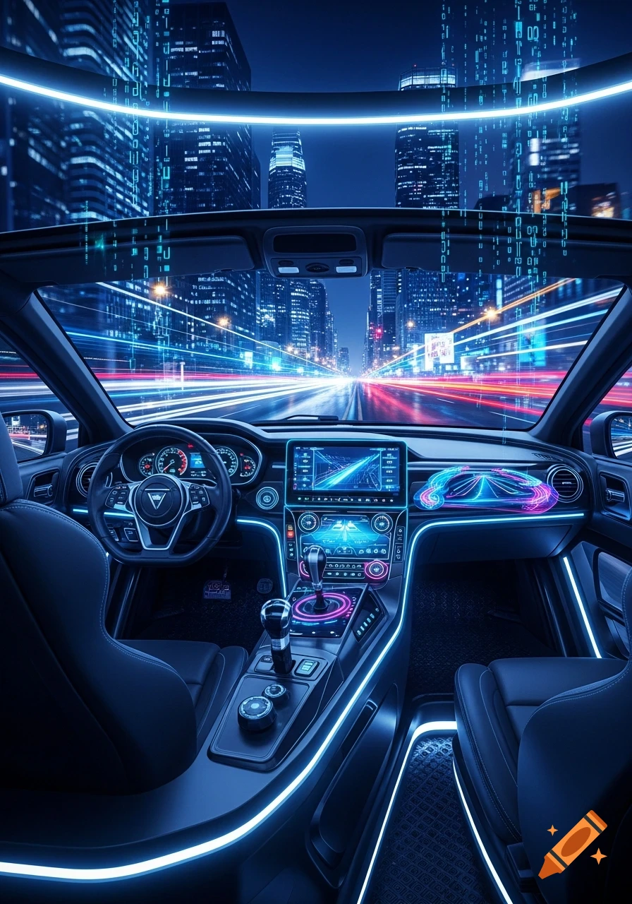 Futuristic car interior with blue neon lights, driving through a neon-lit city street at night, with digital data streams on the windshield.